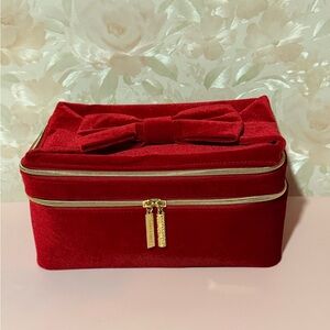 Estee Lauder Red Velvet Cosmetic Bag with Bow Handle & Gold Accents